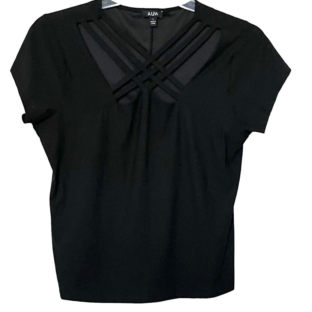 A.U.W. SHORT SLV, PULL-OVER, ROUND NECK W/ATTACHED BANDS, WOMENS, L, SOLID BLACK